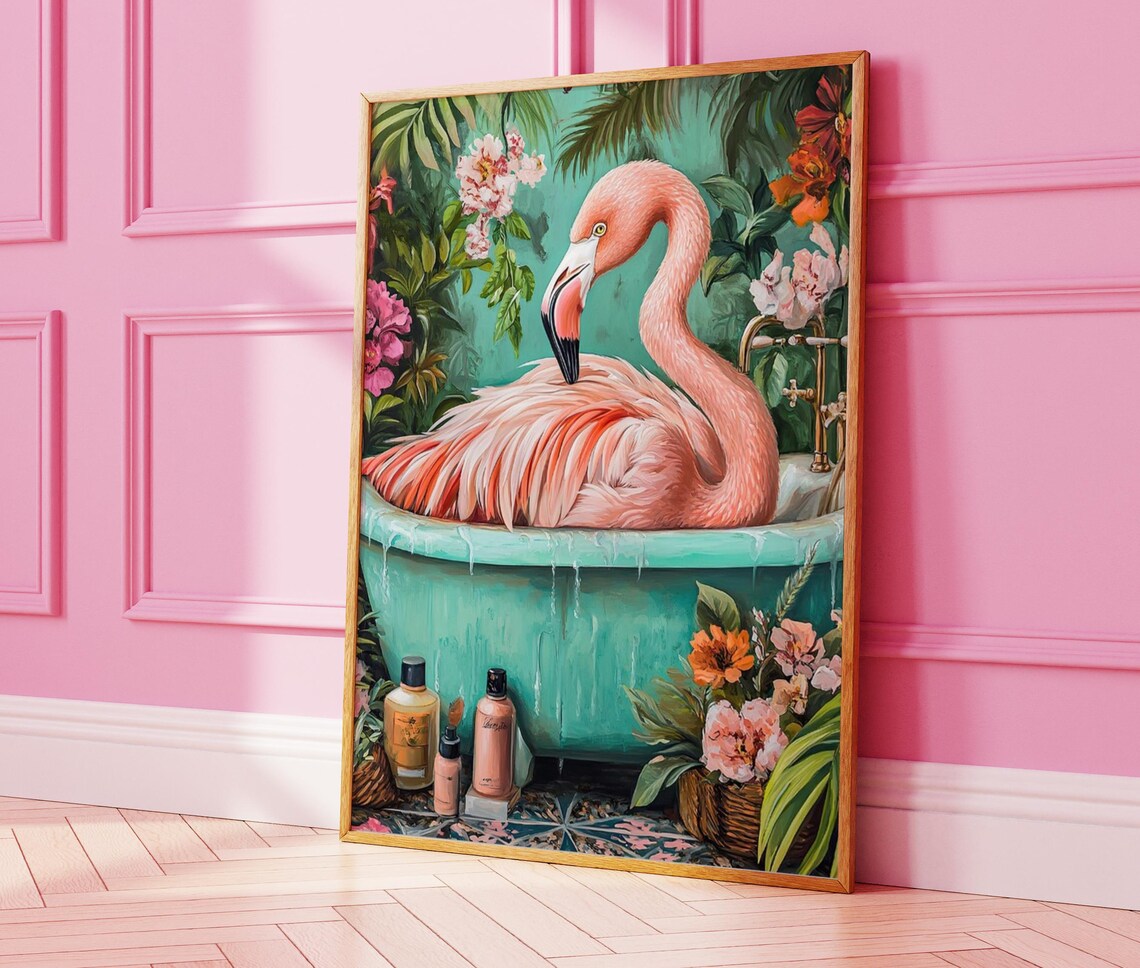 Pink Flamingo Bathtub Poster Tropical Bird Bathroom Funny Jungle - Image 4