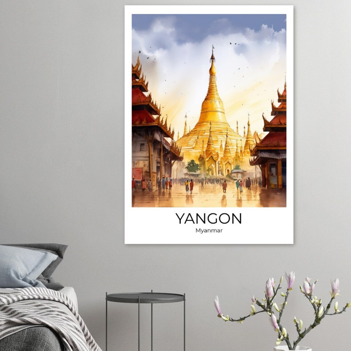 Yangon Shwedagon Pagoda Golden Stupa Pilgrims Watercolor Travel Poster - Image 2