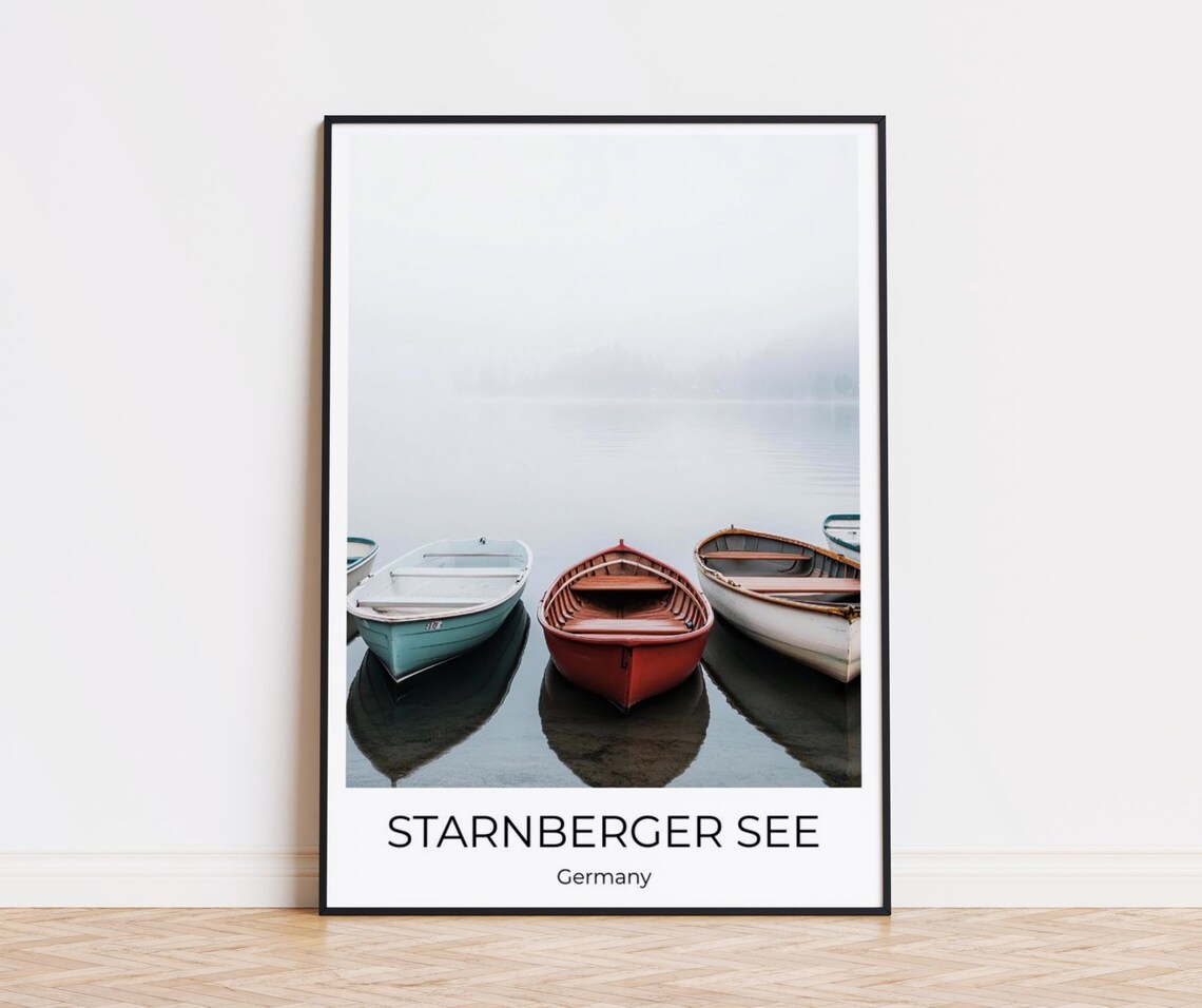 Starnberger See Misty Lake with Colorful Rowboats Germany Poster