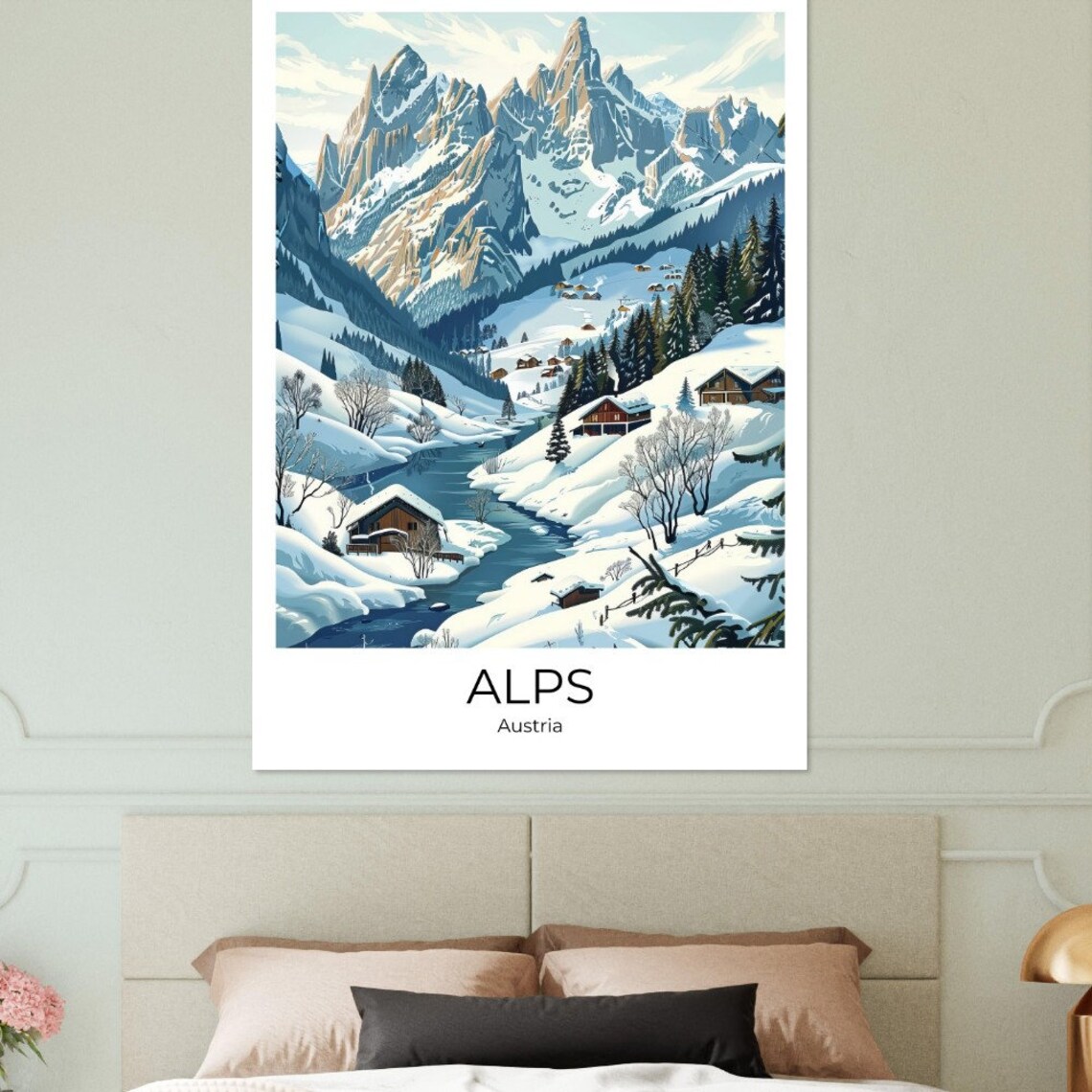 Alps Austria Snowy Alpine Valley Cabins Winter Landscape Travel Poster - Image 3