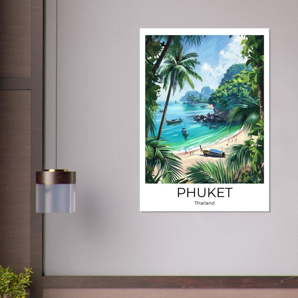 Phuket Thailand Tropical Bay Longtail Boats Palm Trees Poster - Image 2
