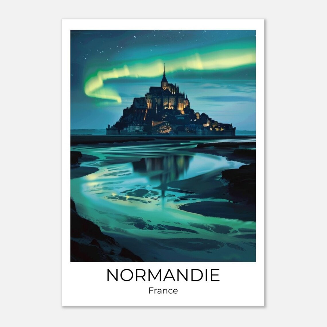 Normandy France Mont Saint Michel Under Aurora Night Sky Poster - Image 3
