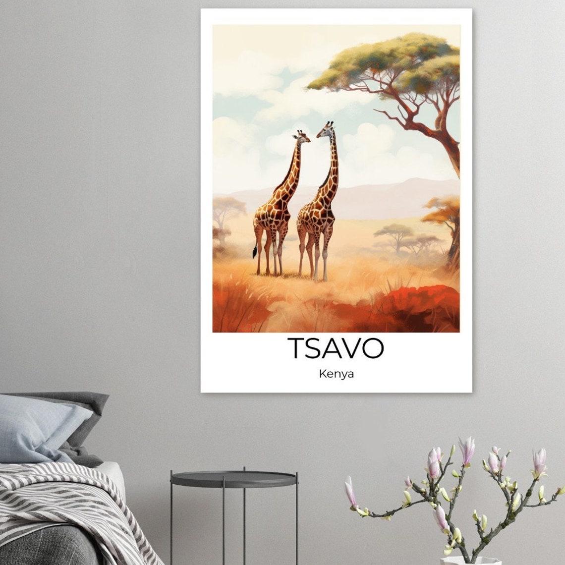 Tsavo Kenya Watercolor Giraffes Savanna Wildlife Travel Poster - Image 3