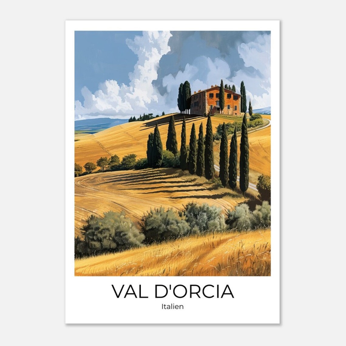 Val d'Orcia Tuscany Travel Poster Italy Golden Wheat Cypress Art