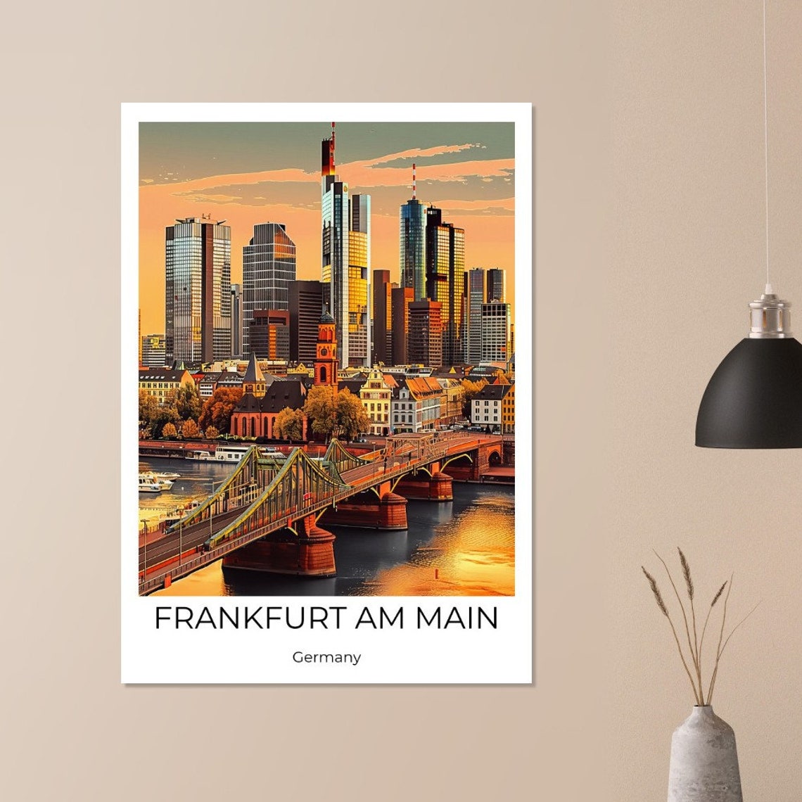Frankfurt am Main Germany Skyline Sunset River Bridge Poster - Image 2