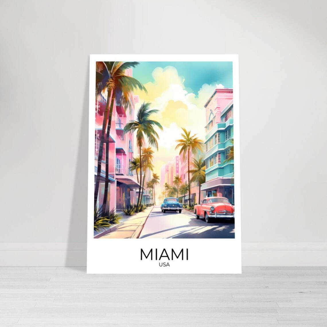 Miami USA Pastel Street Scene With Classic Cars and Palms Poster