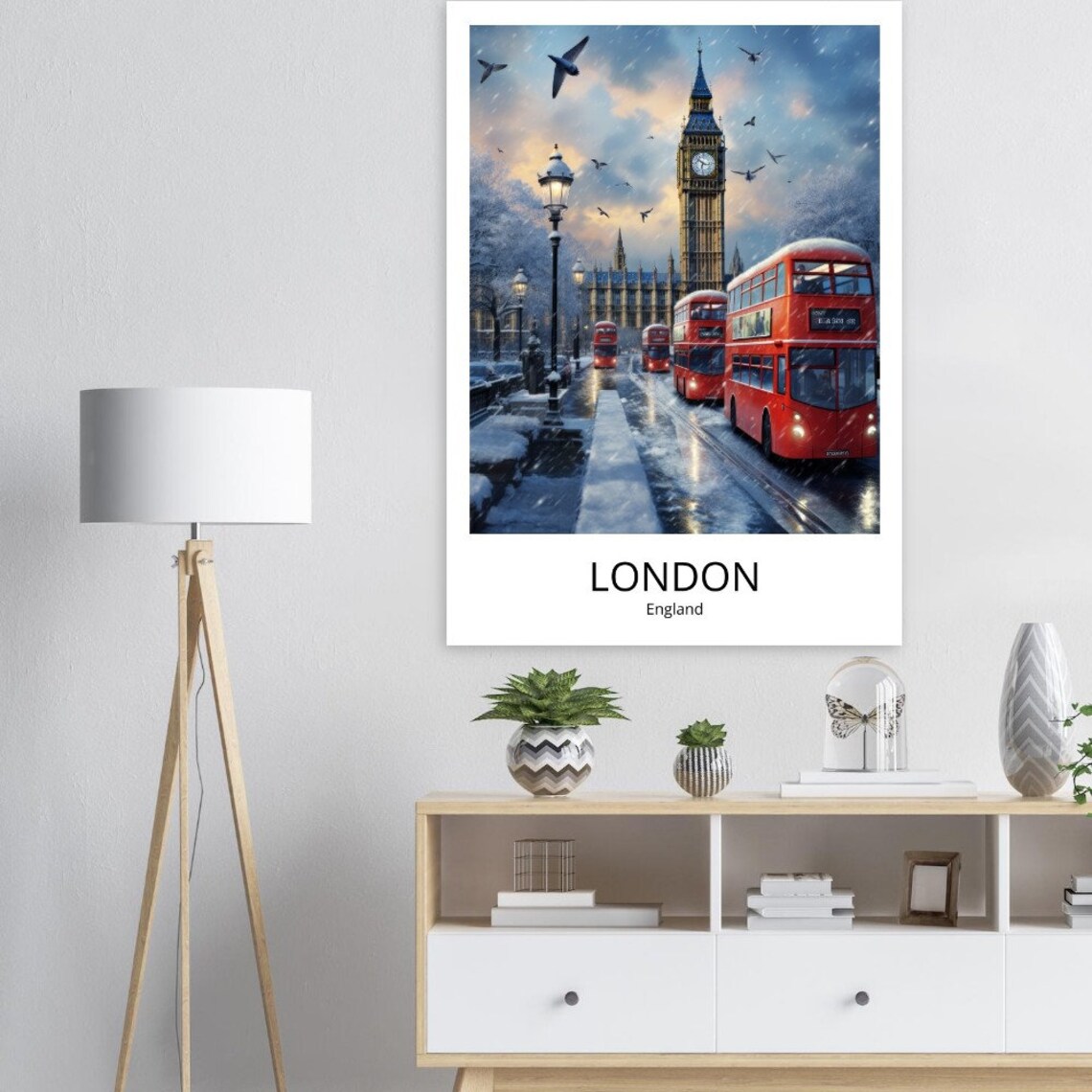 London Big Ben Winter Snow Red Double Decker Buses Night Illustration Poster - Image 3