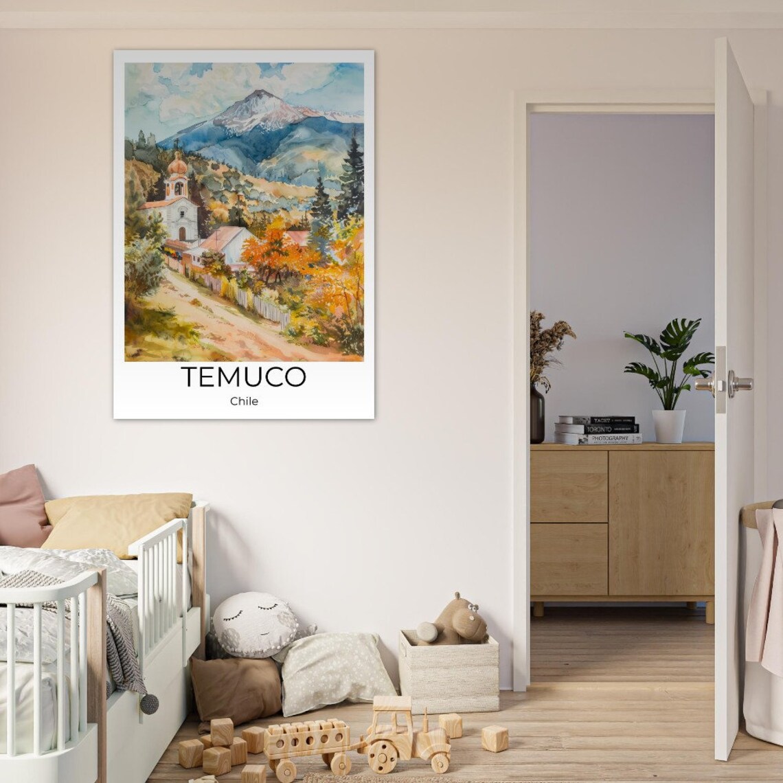 Temuco Chile Snowy Volcano Village Watercolor Street Scene Poster - Image 4