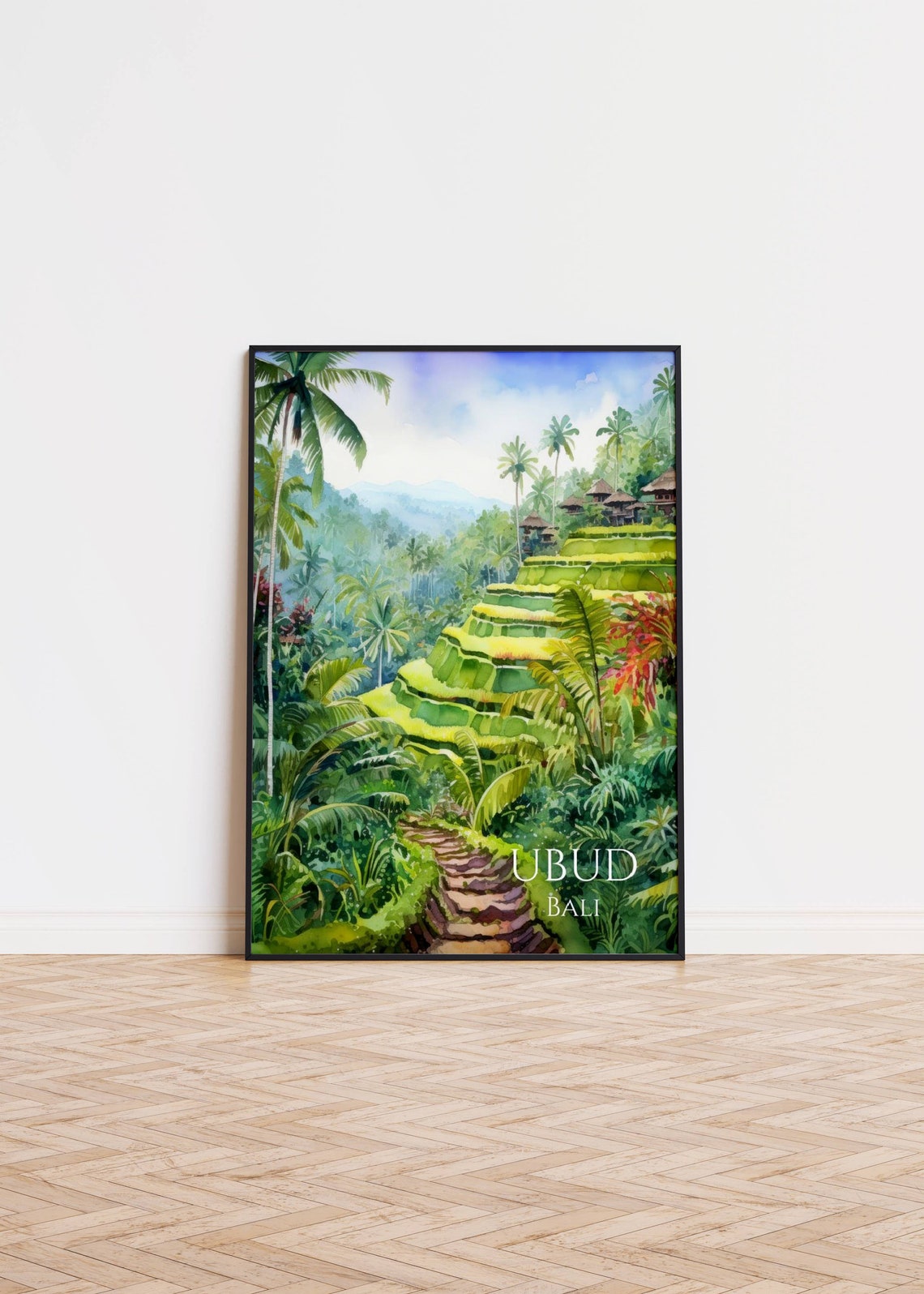 Ubud Bali Watercolor Rice Terraces Jungle Palms Tropical Oasis Poster - Image 3
