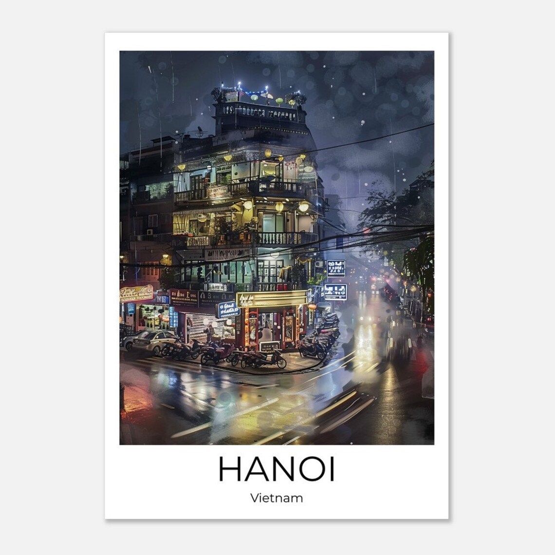 Hanoi Vietnam Rainy Night Street Corner Watercolor City Poster