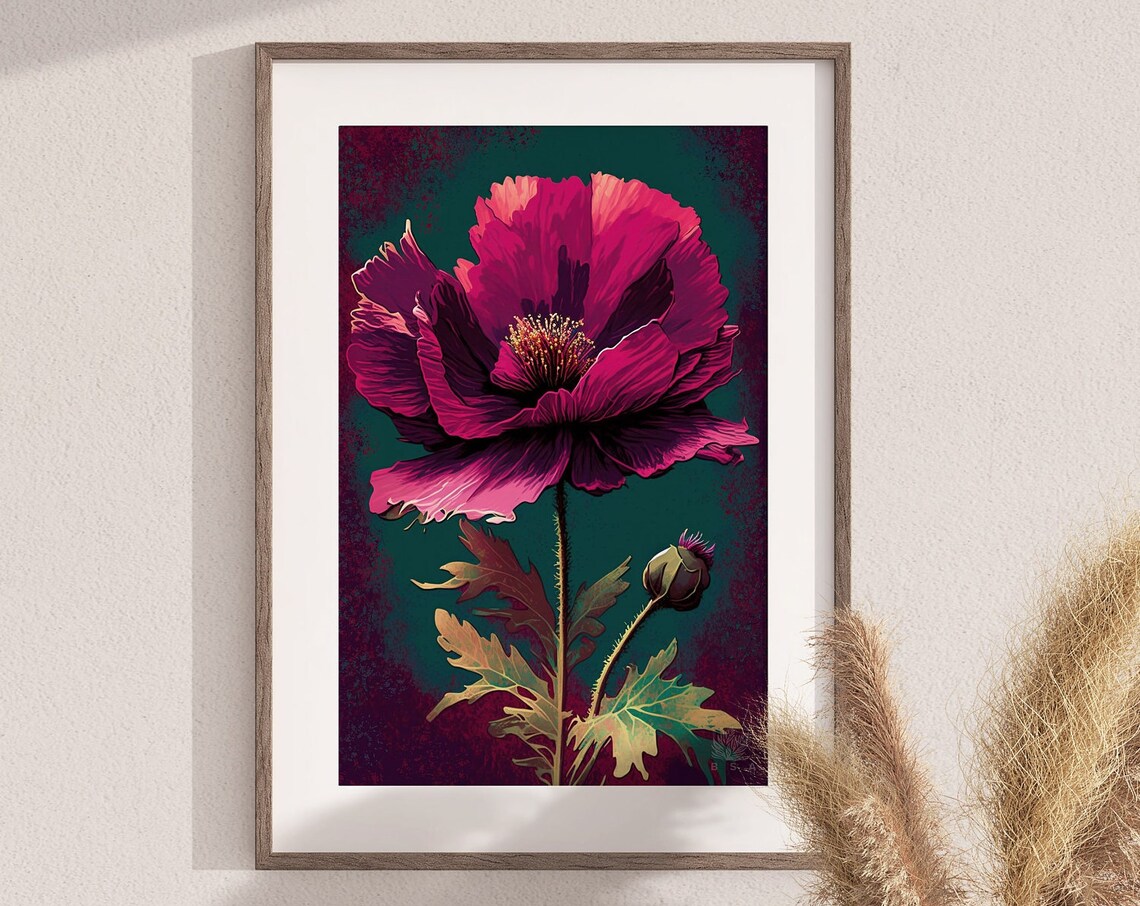 Magenta Poppy Standing Tall Deep Teal Backdrop Floral Poster