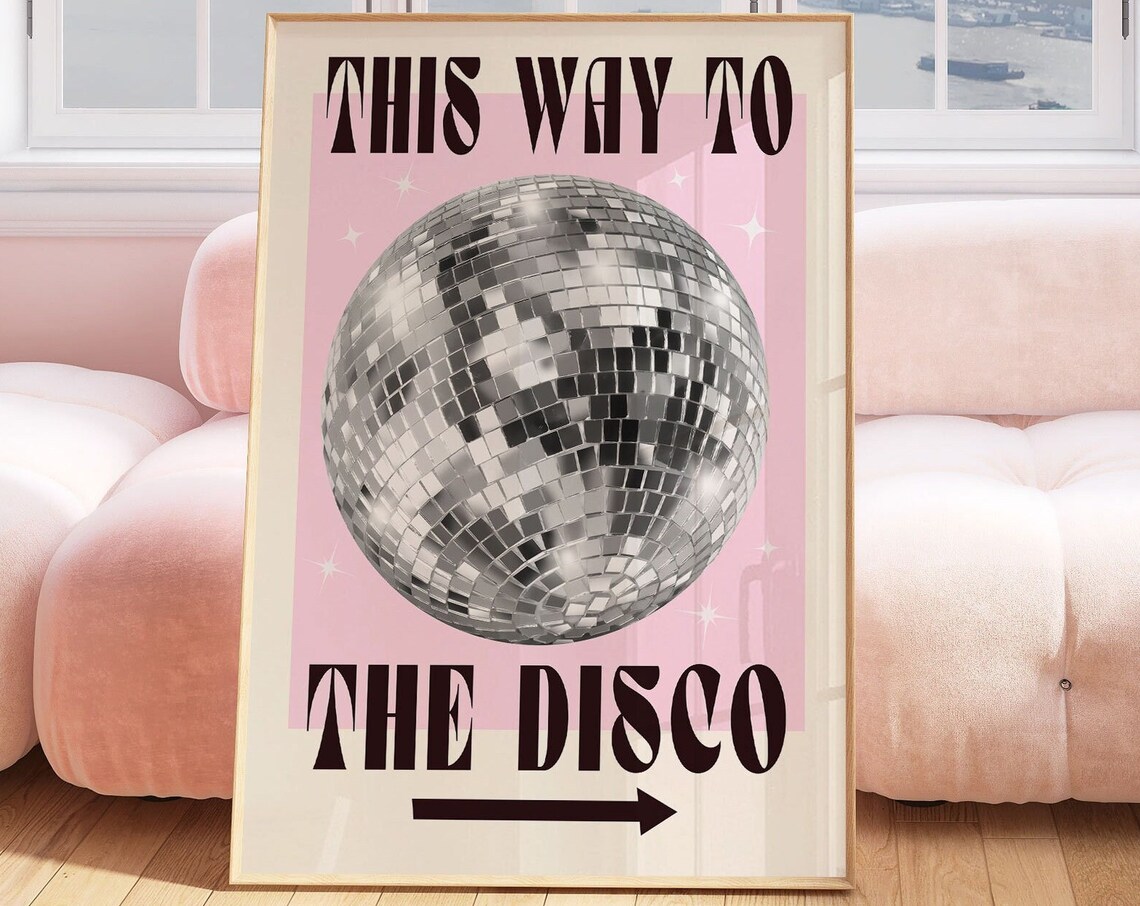 This Way To The Disco Poster Pink Retro Disco Ball Wall Decor