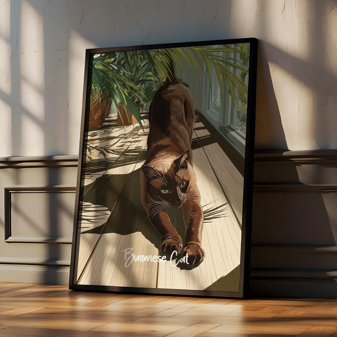 Burmese Cat Stretching on Sunlit Deck Illustration Cat Art Poster