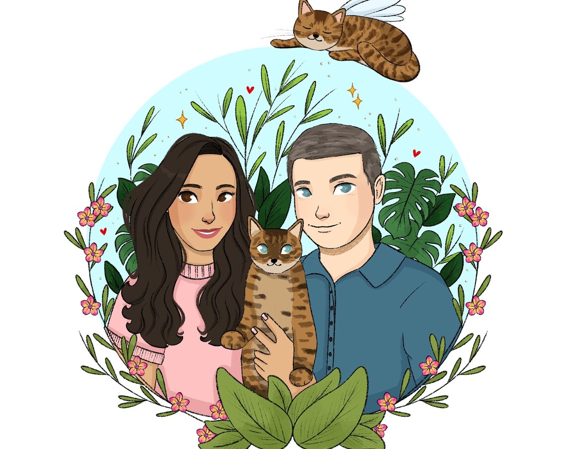 Custom Couple Portrait With Two Cats Floral Wreath Art Print