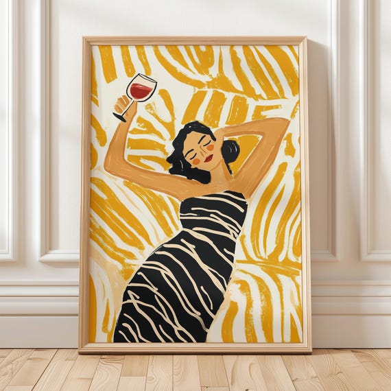 Relaxed Wine Woman Wall Art Print Abstract Portrait With Red Glass Modern Home Bar Decor Yellow Illustration Gift For Lovers