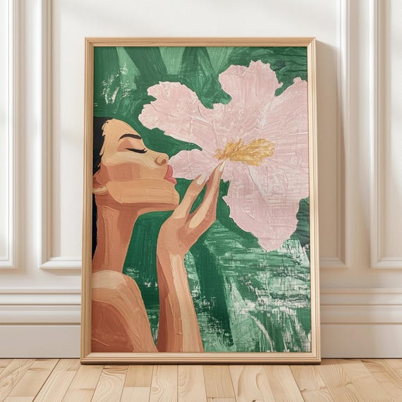 Modern Botanical Artwork Floral Wall Art Print Green And Pink Minimalist Decor Tropical Woman Portrait