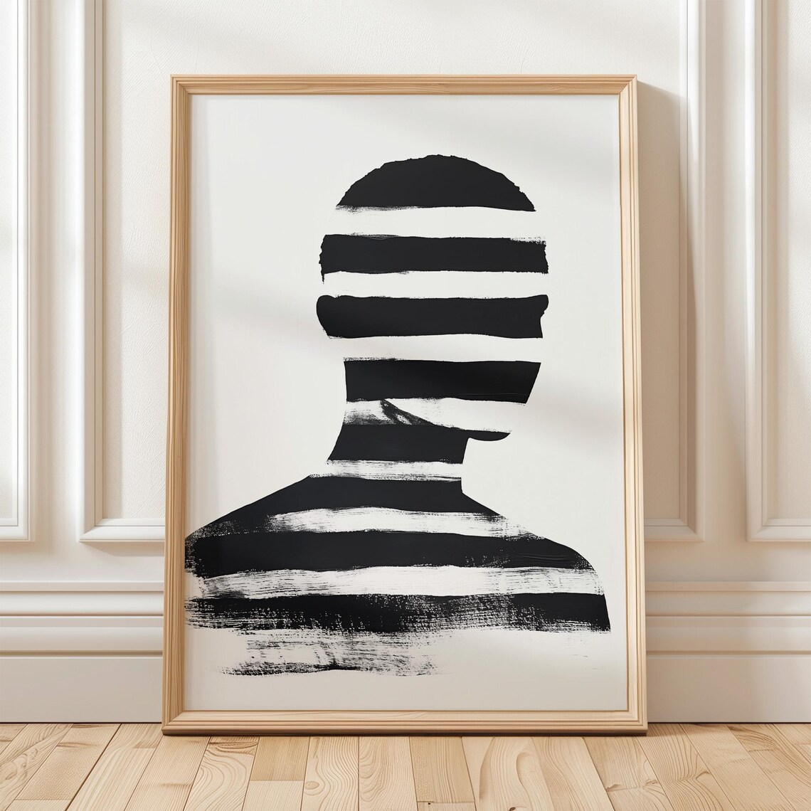 Black And White Striped Face Abstract, Minimalist Silhouette