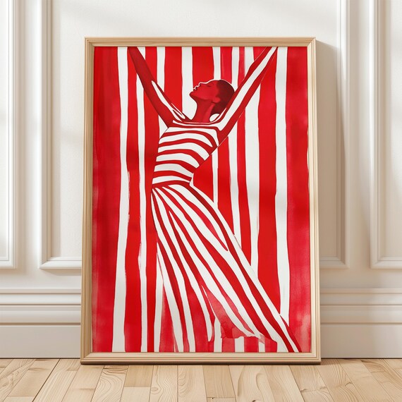 Red Dancer Arms Raised Against Stripes Dynamic Movement Poster