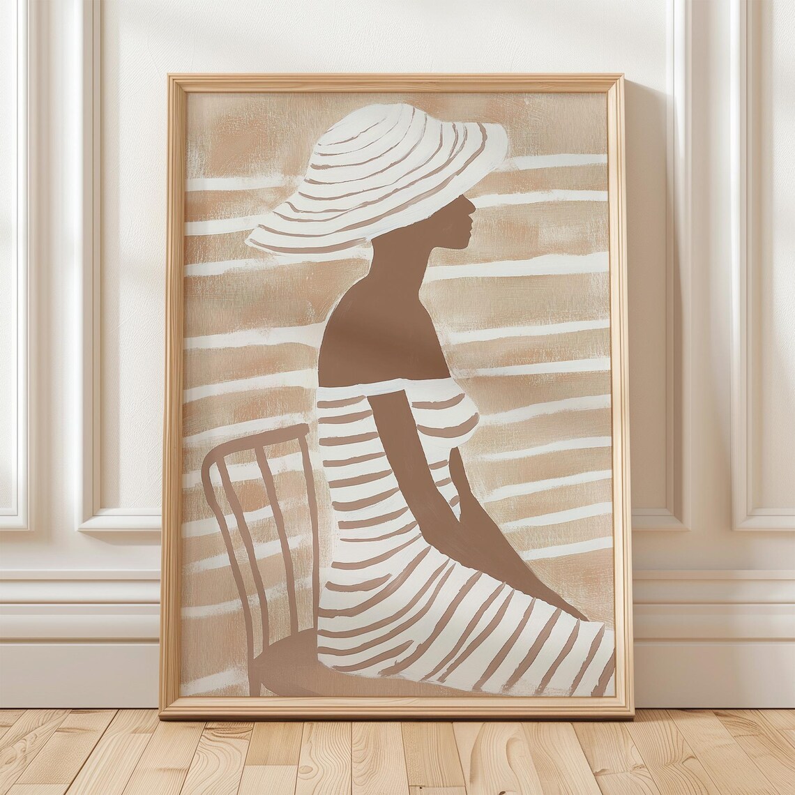 Seated Woman with Sun Hat Striped Dress Beige Abstract Art Poster - Image 5