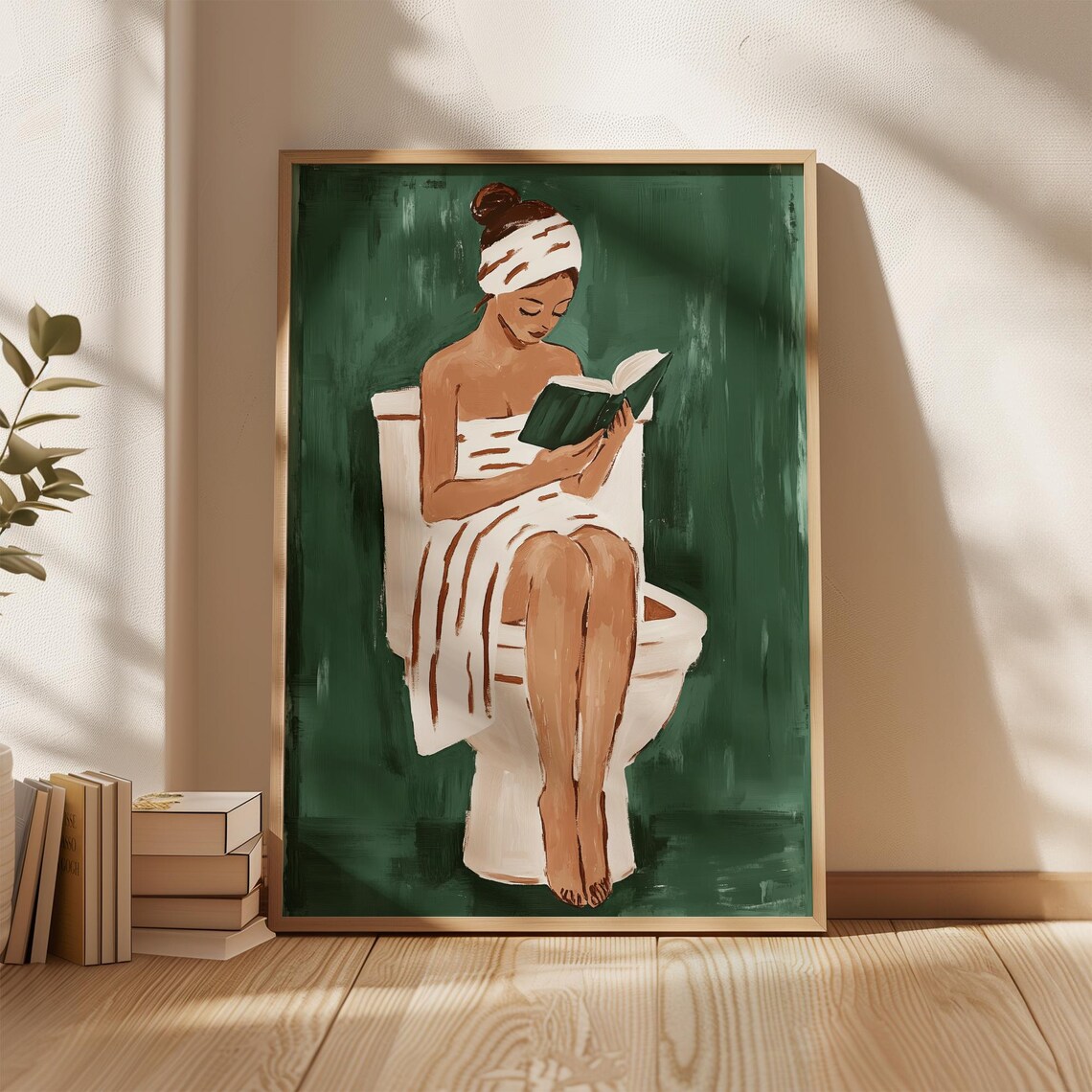 Woman With Towel Turban Reading On Toilet Emerald Wall Poster