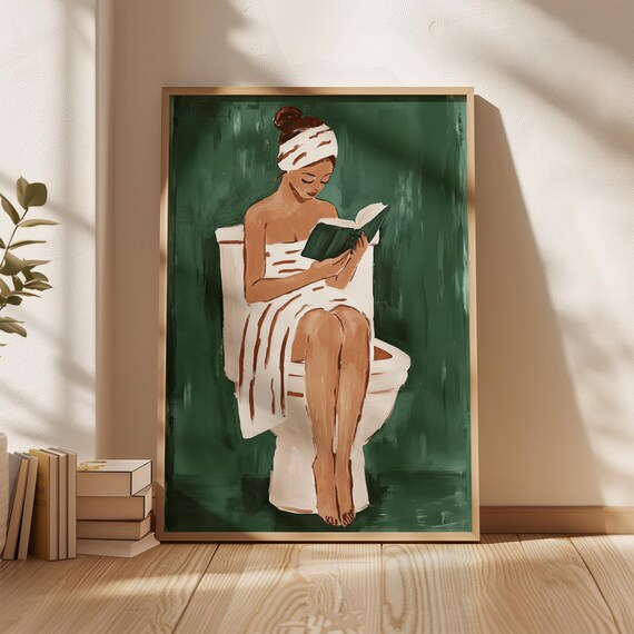 Woman With Towel Turban Reading On Toilet Emerald Wall Poster