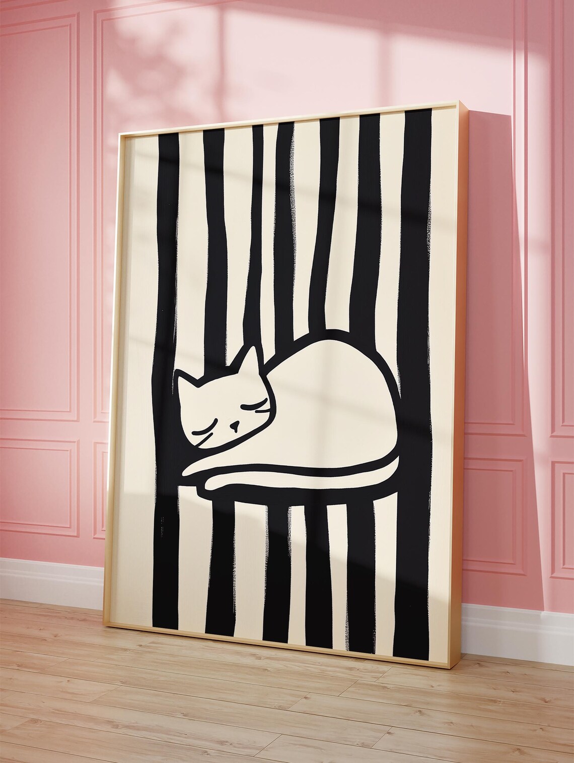 White Cat Sleeping on Black Striped Chair Graphic Monochrome Poster - Image 2
