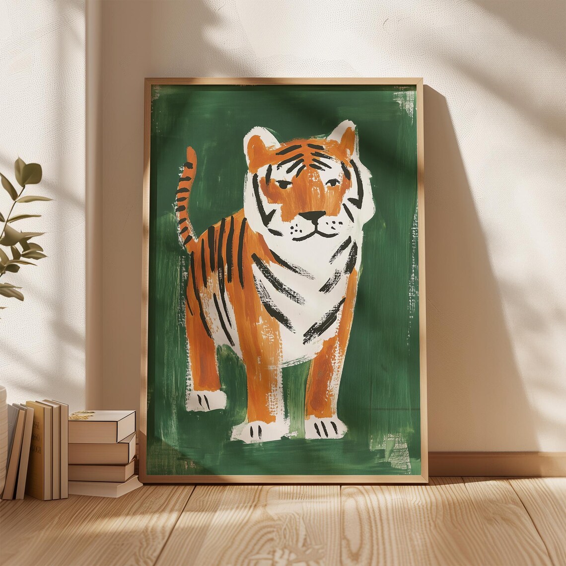 Standing Tiger on Deep Green Folk Art Style Modern Wildlife Poster - Image 3
