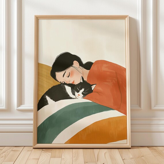 Woman Napping With Black and White Cat Cozy Illustration Poster