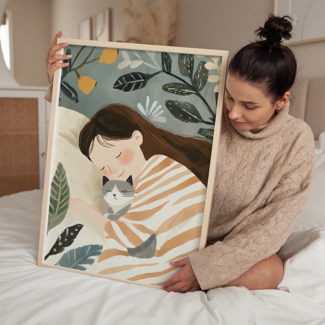 Cute Cat And Woman Sleeping Together, Whimsical Feline Print - Image 4