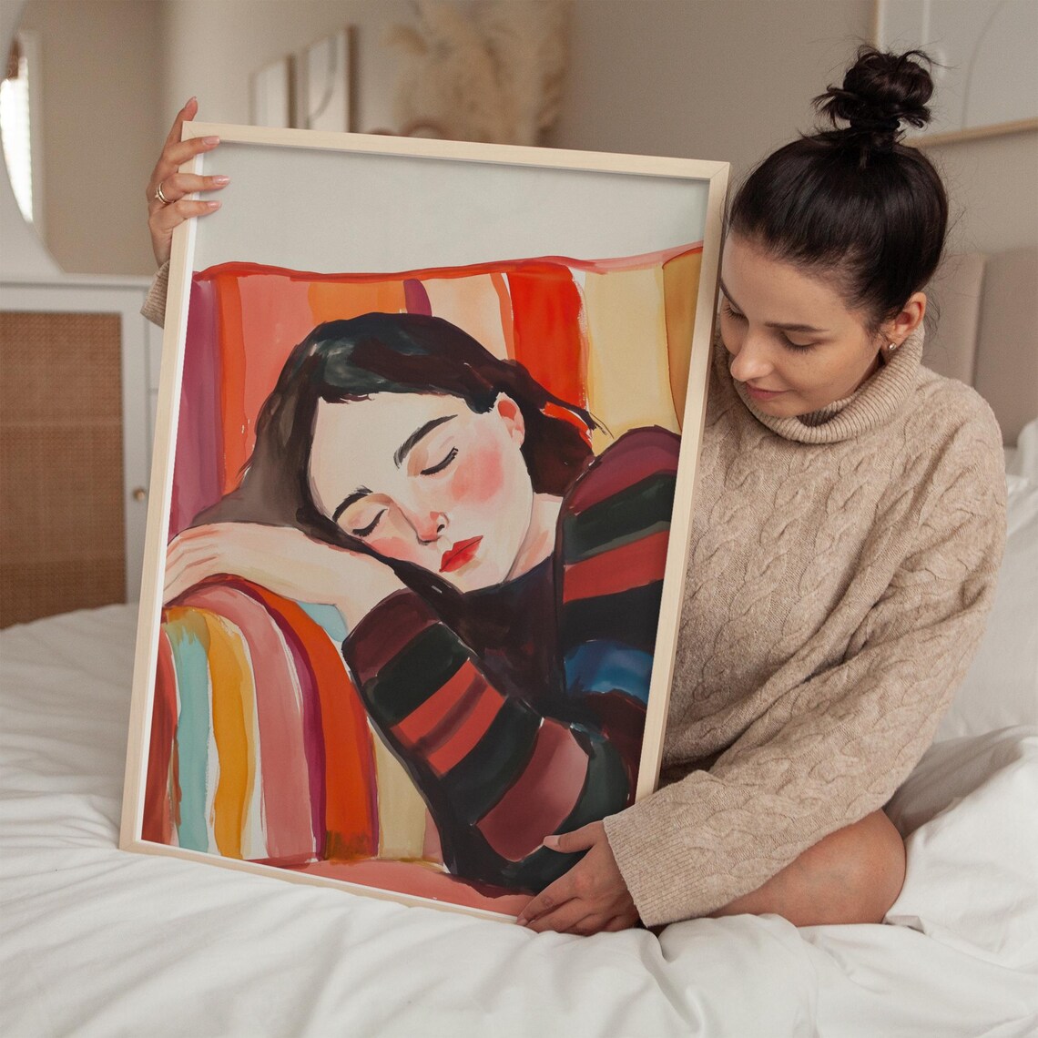 Sleeping Woman On Striped Chair, Modern Abstract Illustration - Image 4