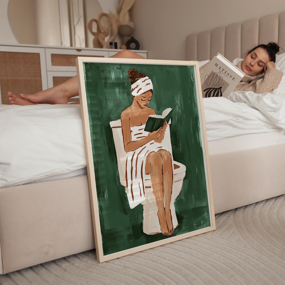 Woman With Towel Turban Reading On Toilet Emerald Wall Poster - Image 4
