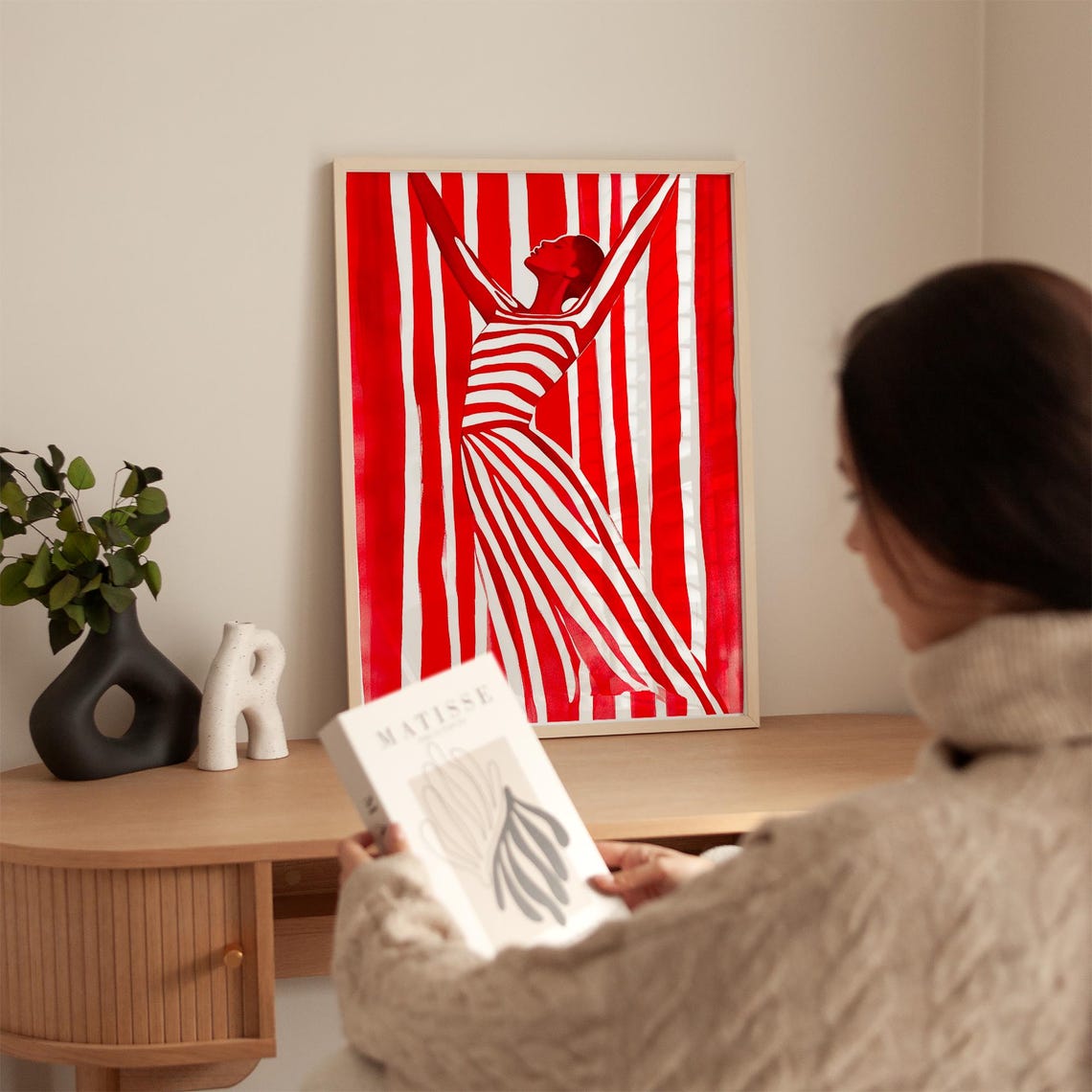 Red Striped Woman Wall Art Modern Abstract Print Bold Minimalist Female Poster Contemporary Red Artwork Instant - Image 3
