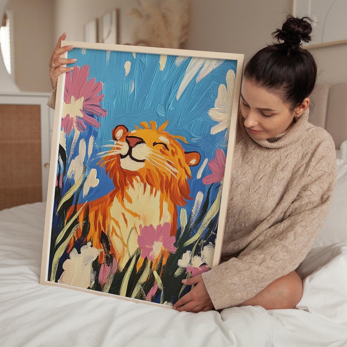 Happy Tiger Among Colorful Flowers Cheerful Impasto Style Poster - Image 2