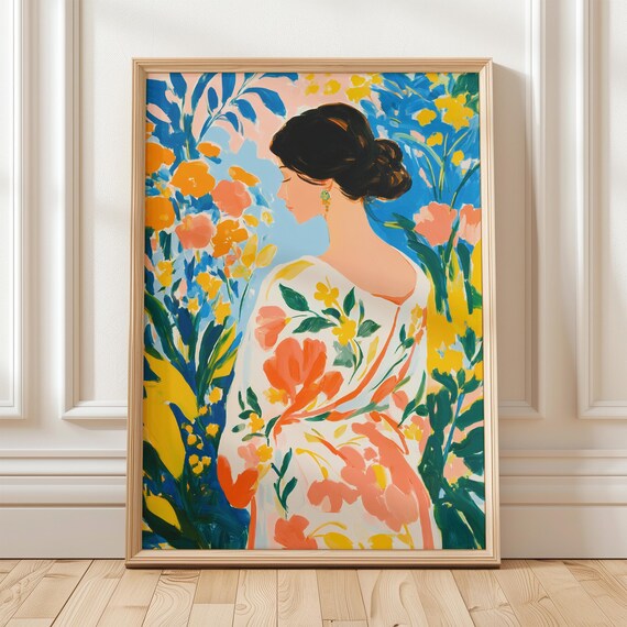 Colorful Woman in Floral Garden Painting Poster Vibrant Boho Floral Art