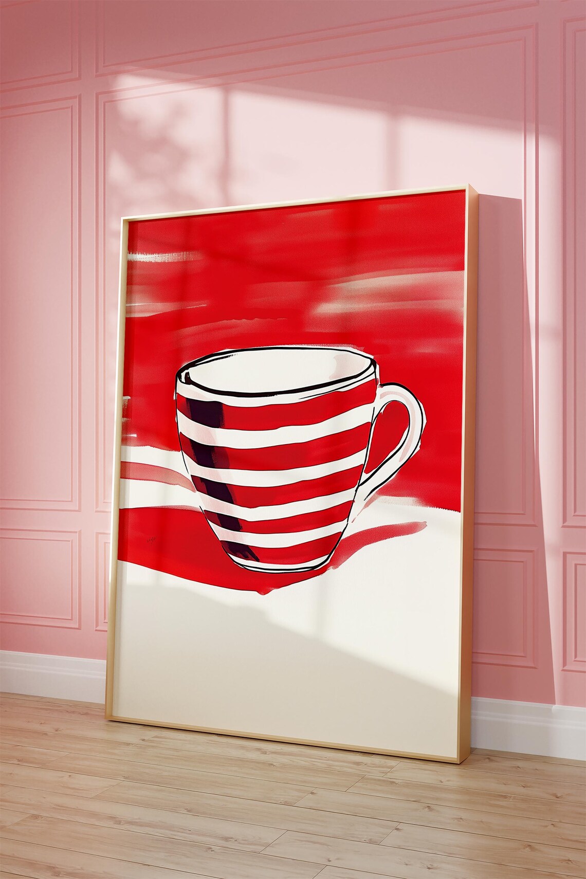Red Striped Coffee Cup, Minimalist Abstract Art - Image 4