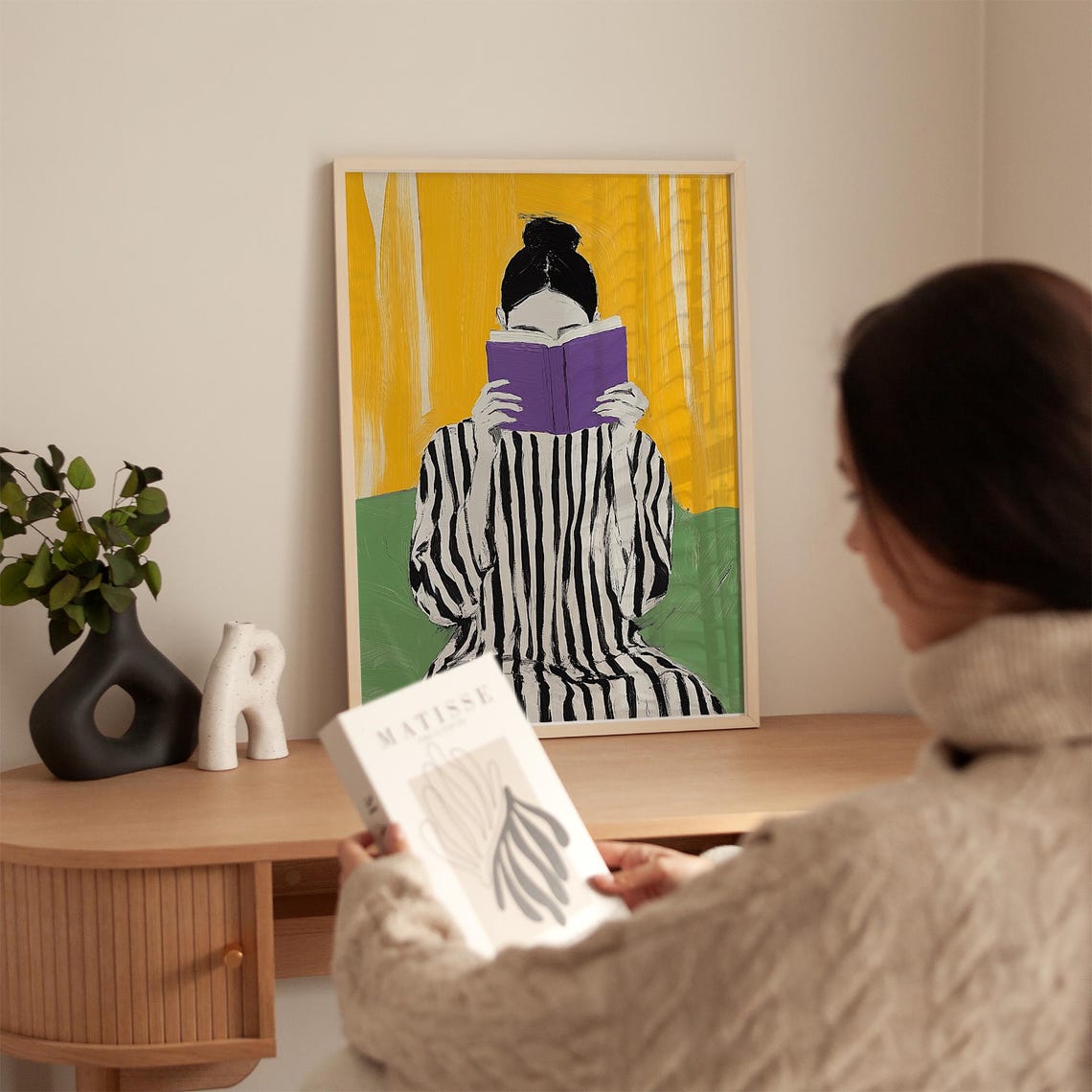 Abstract Reading Woman With Striped Dress Bold Minimalist Wall Art Vibrant Artwork For Modern Home Decor - Image 4
