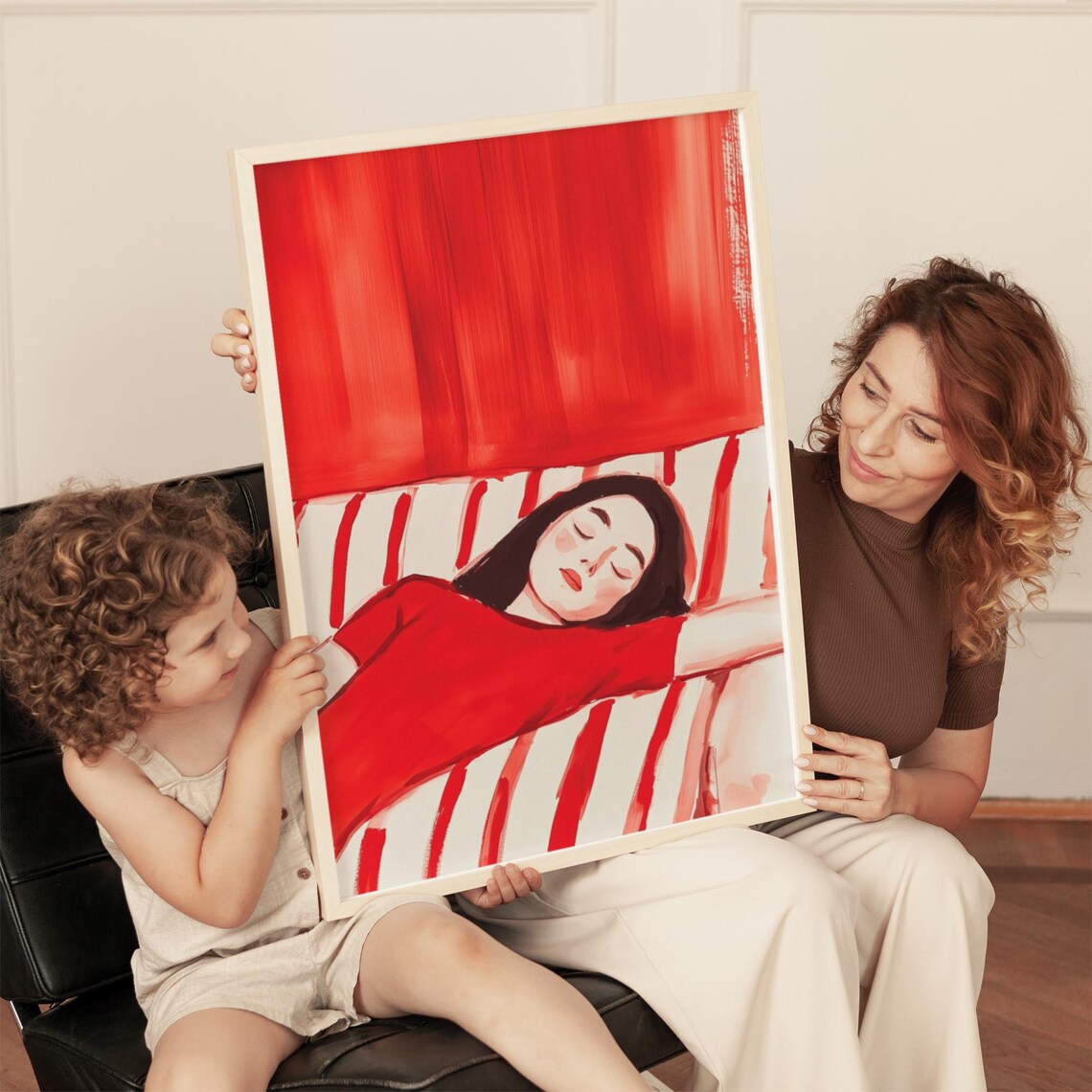 Relaxed Woman in Red Resting on Bold Stripes Modern Art Poster - Image 3