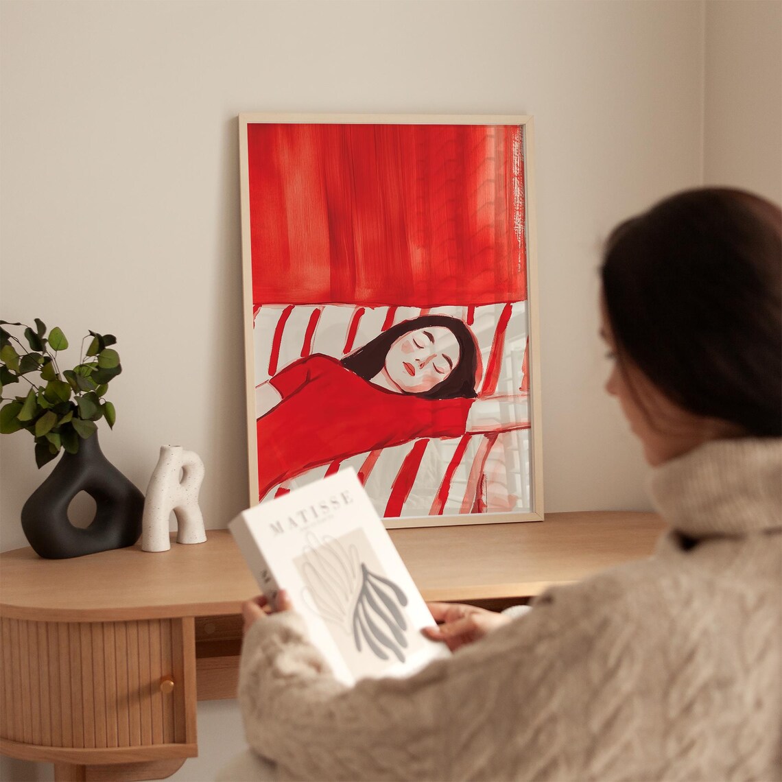 Relaxed Woman in Red Resting on Bold Stripes Modern Art Poster - Image 2
