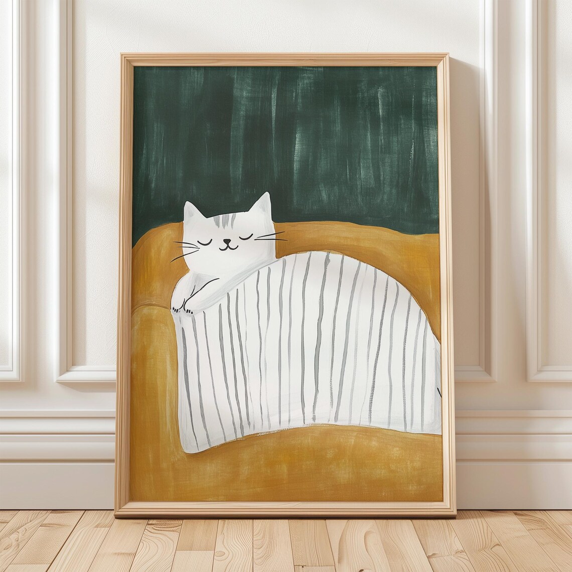 White Cat Sleeping On Striped Blanket Mustard Sofa Art Poster - Image 5