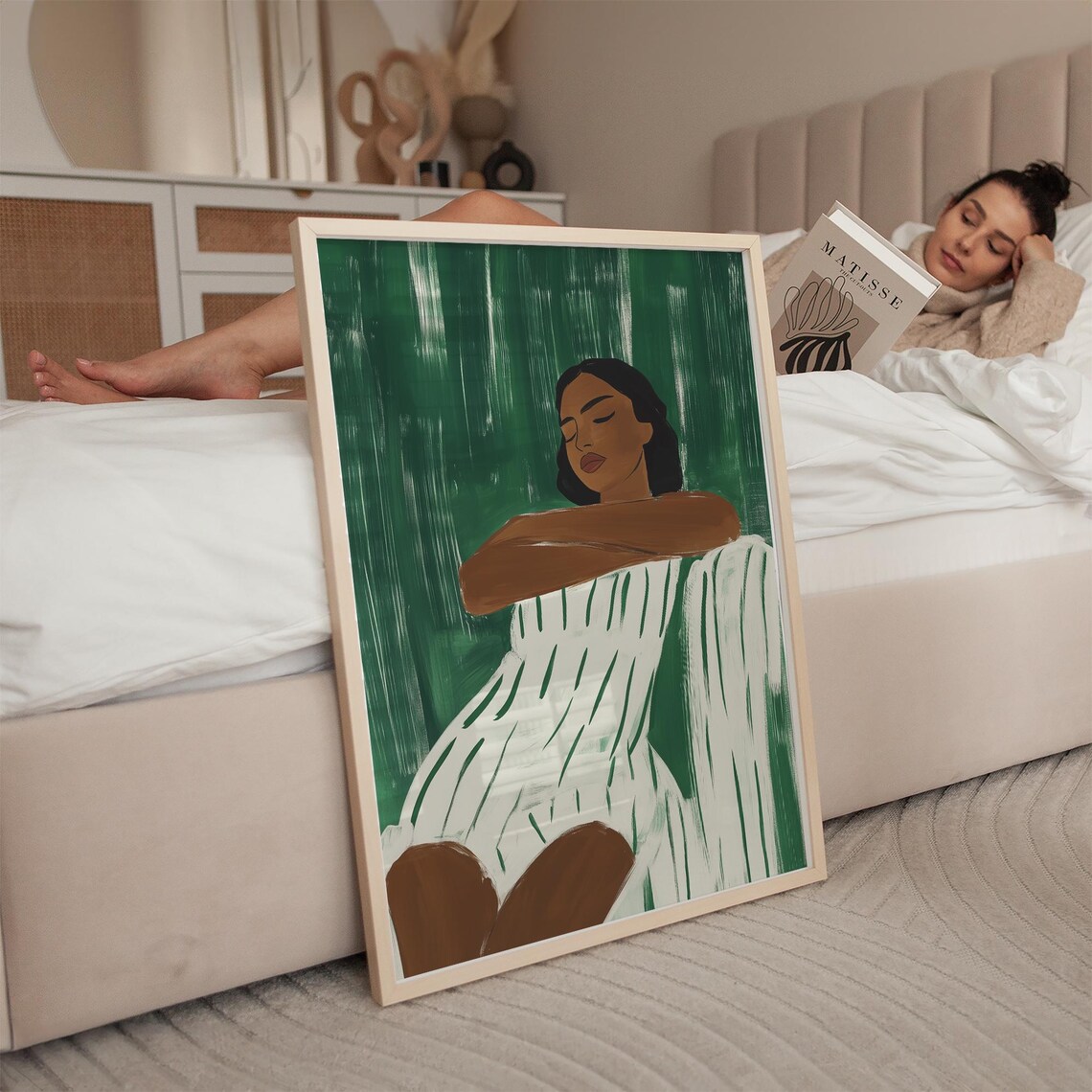Resting Woman Portrait in Green Stripes Boho Minimalist Art Print - Image 3
