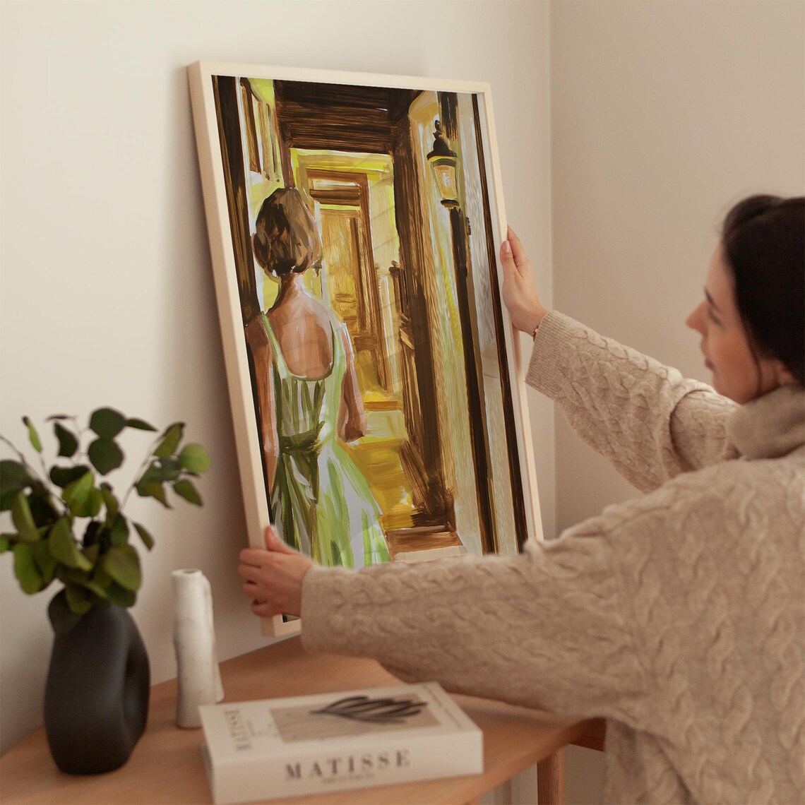 Woman Walking Through a Lamp-Lit Hallway Warm Vintage Style Poster - Image 4