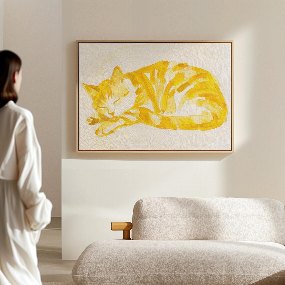Sleeping Golden Yellow Watercolor Tabby Cat Curled Up Cozy Poster - Image 3
