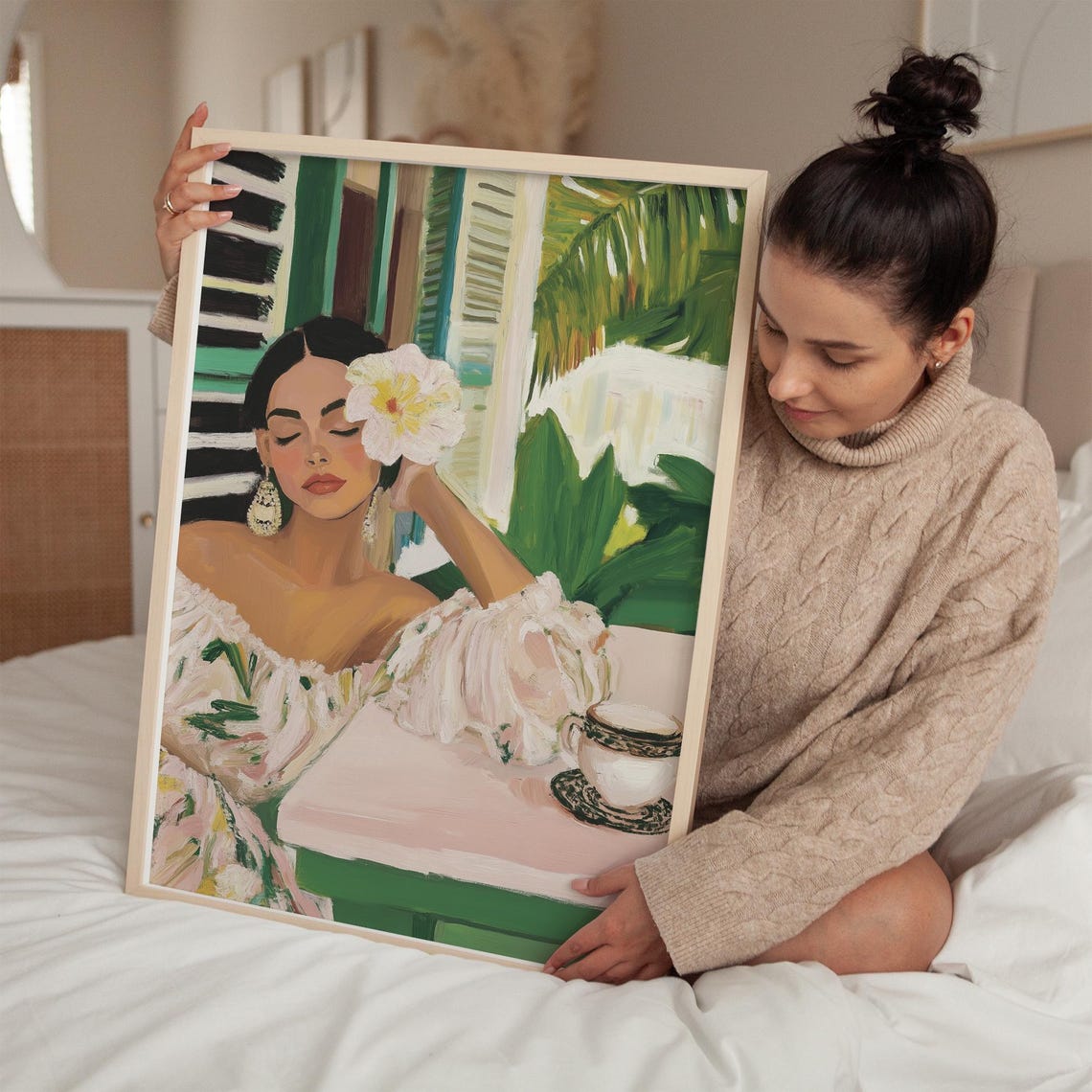 Relaxing Woman With Flower, Tropical Art Print - Image 2