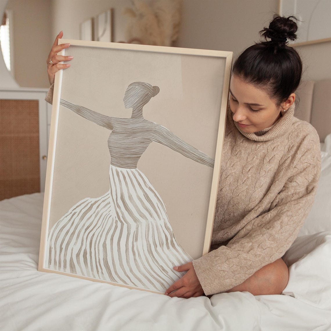 Minimalist Ballerina Art Elegant Striped Dance Wall Decor Abstract Movement Print For Modern Home Neutral Beige - Image 2