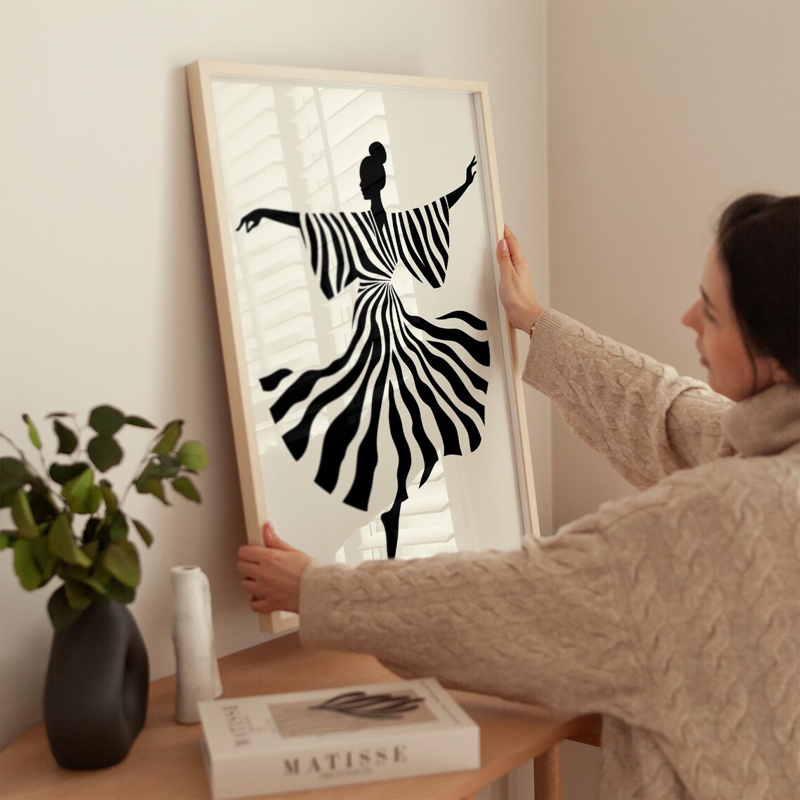 Black Silhouette Dancer in Swirling Striped Dress Graceful Poster - Image 4