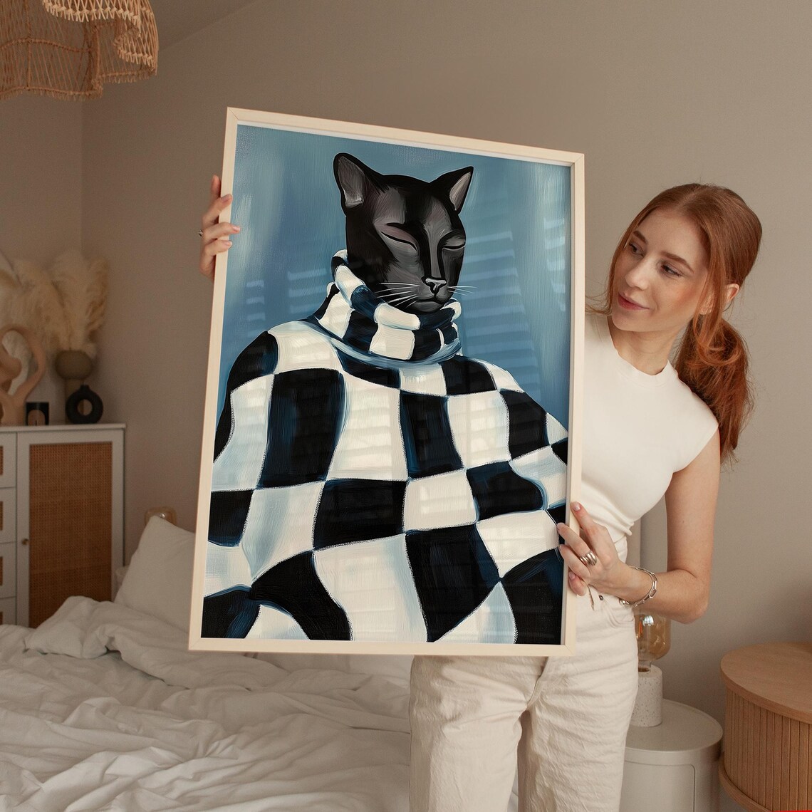 Black Cat In Checkered Sweater Modern Whimsical Portrait Poster - Image 2