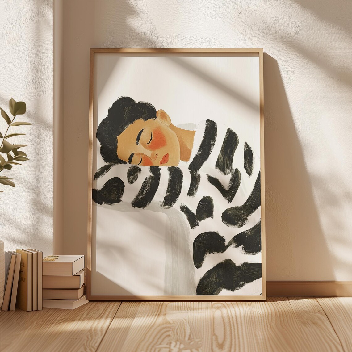 Sleeping Woman in Zebra Stripe Robe Serene Minimalist Bedroom Poster - Image 4