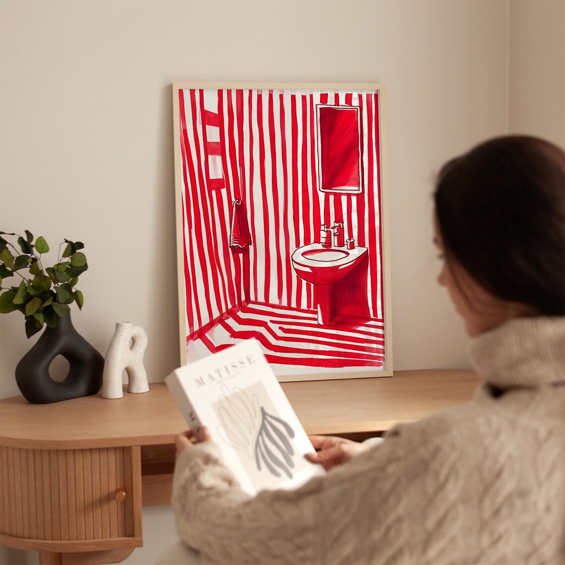Red Striped Bathroom Art, Minimalist Abstract - Image 3