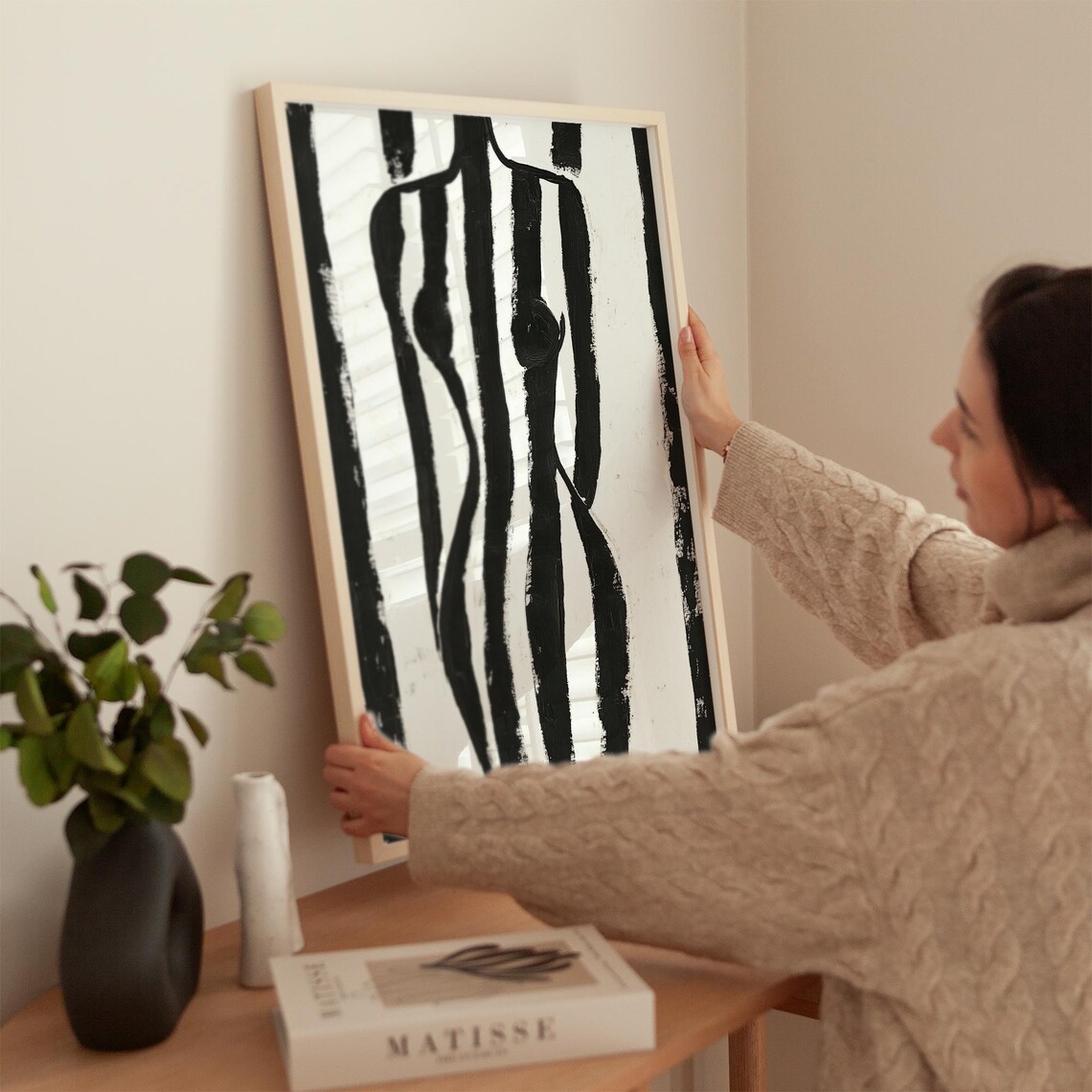 Abstract Female Torso in Black White Vertical Stripes Poster - Image 5