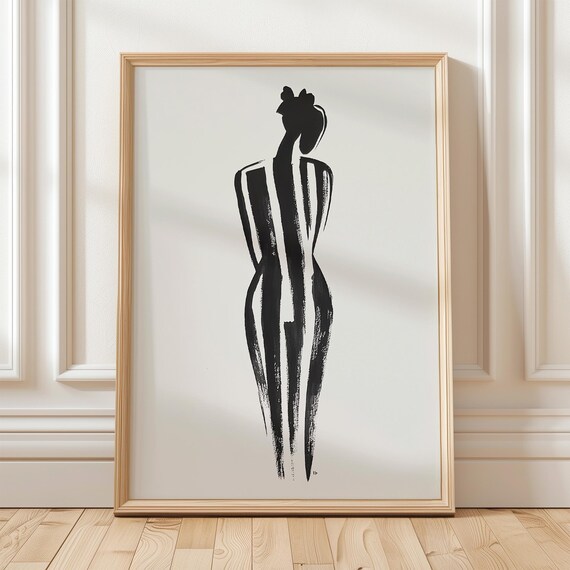 Elegant Standing Female Silhouette Black Brushstroke Art Poster